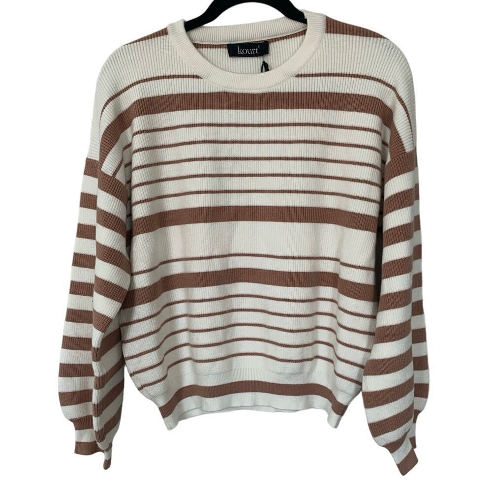 Kourt Cream & Tan Striped Sweater – Scoop Neck Long Sleeve Pullover, Size Small